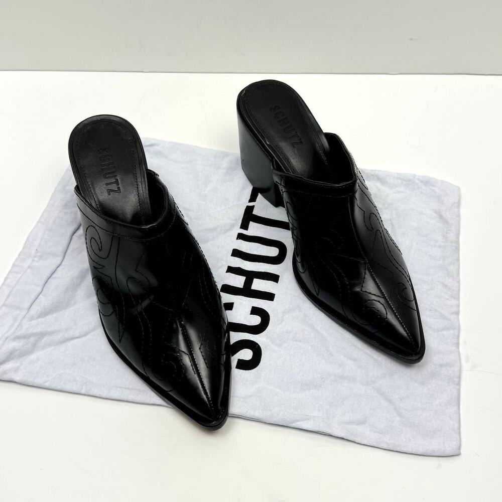 NEW Schutz Zarly Black Leather Western Stitched Slip On Heel Mules - Picture 3 of 13